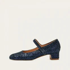 Dora Czółenka Na Niskim Obcasie, Granatowy Brokat