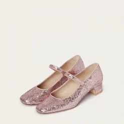 Dora Czółenka Na Niskim Obcasie, Pudrowy Brokat