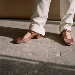 Dora Czółenka Na Niskim Obcasie, Pudrowy Brokat