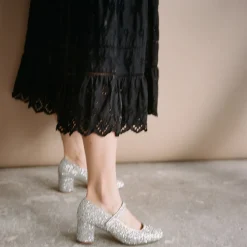 Dora Czółenka Na Wysokim Obcasie, Srebrny Brokat